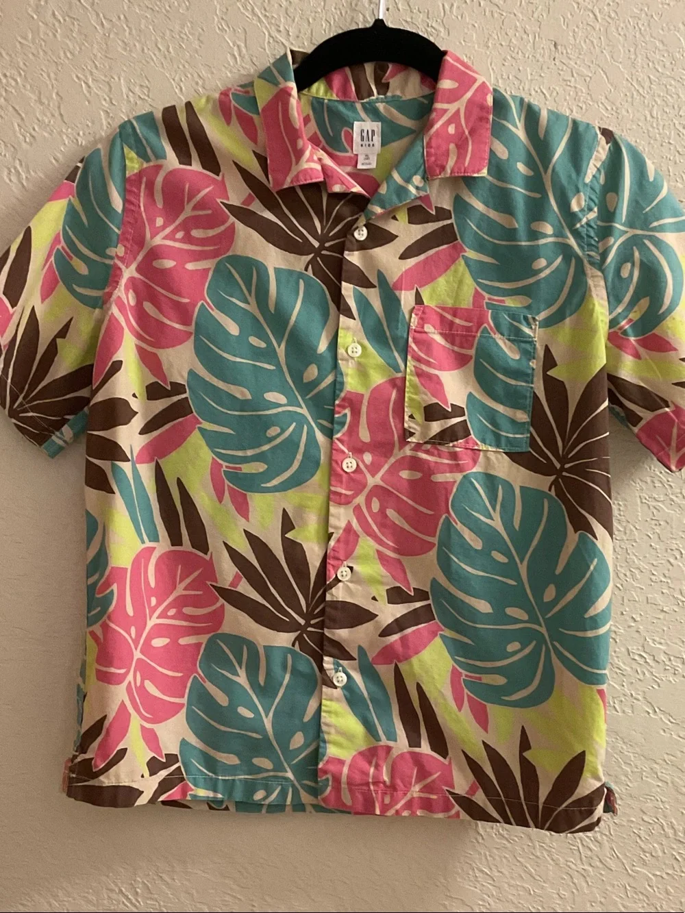 GAP Short-Sleeve Tropical Leaf Shirt - Teal, Pink & Brown